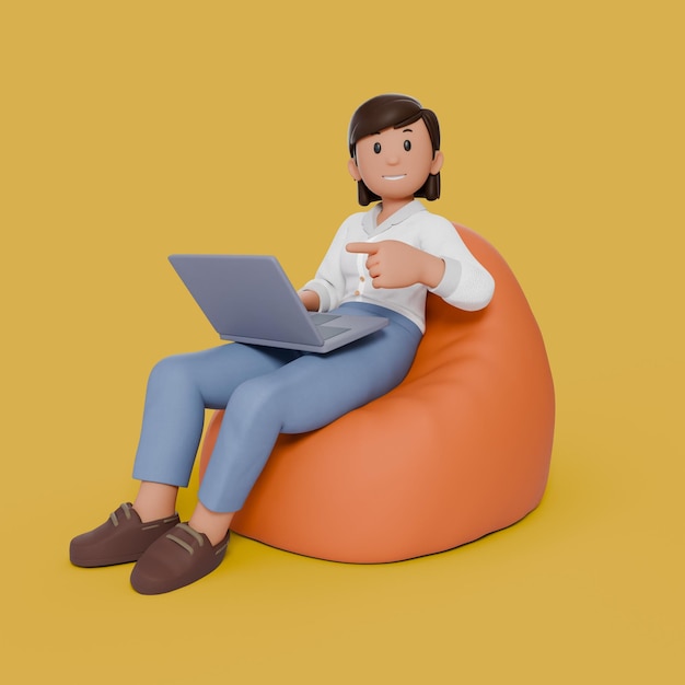 3d woman sitting on beanbag with her laptop on her thigh while pointing into laptop