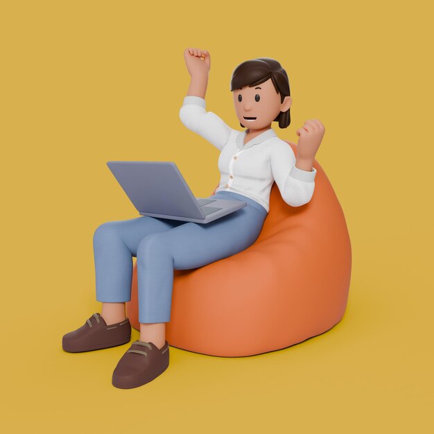 3d woman sitting on beanbag with her laptop on his thigh while clenched both hand into fist