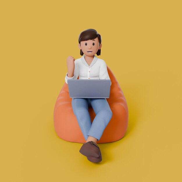 3d woman sitting on beanbag with laptop on her thigh while greeting and raised his hand