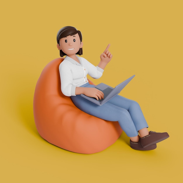 3D-женщина сидит на сумке с ноутбуком на бедрах, указывая на левую сторону