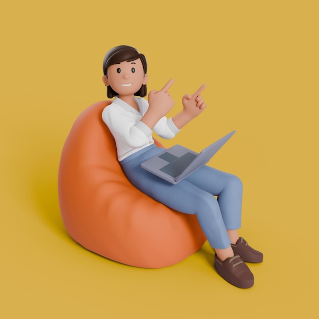 3D-женщина сидит на сумке с ноутбуком на бедрах, указывая на левую сторону