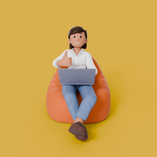 Photo 3d woman sitting on beanbag with laptop on her thigh while pointing a thumb at the screen