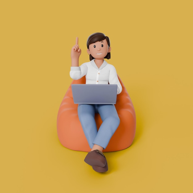 Photo 3d woman sitting on beanbag with laptop on her thigh while pointing above with right hand