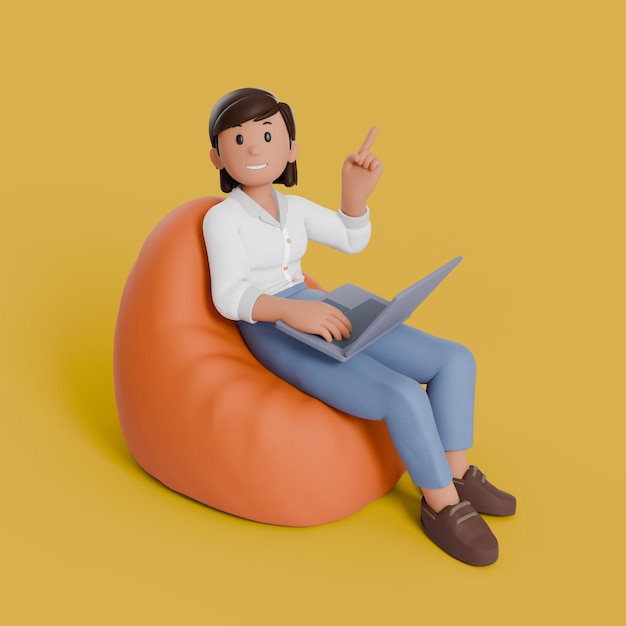 3D-женщина сидит на пакете с ноутбуком на бедрах, указывая вверх