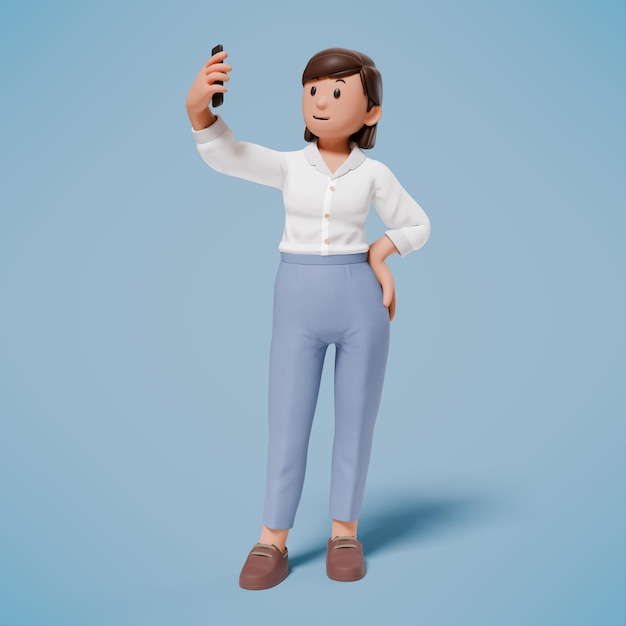 Фото 3d-женщина фотографируется с мобильным телефоном в правой руке