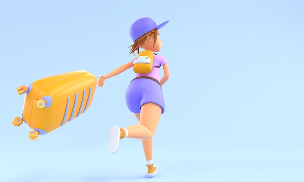 3D Woman tourist with suitcase runs fast in hurry back view Cartoon illustration of girl traveler late for flight to airport Passenger with luggage is missing plane Summer travel concept 3d render