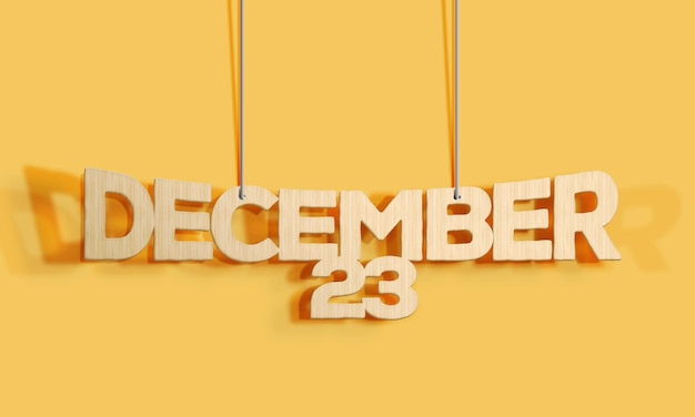 3D Wood decoratieve belettering hangende vormkalender voor 23 december op een gele achtergrond