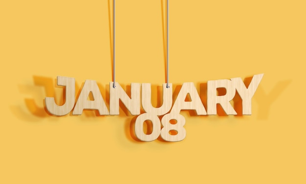 Календарь висящей формы 3D Wood с декоративными буквами на 8 января на желтом фоне