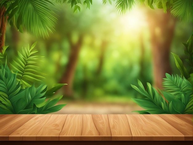 A 3d wooden podium isolated on blured jungle background