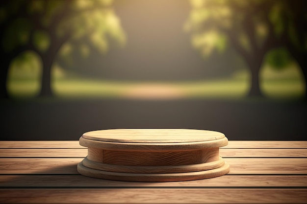3D Wooden Round Podium For Product With Nature Background Generated AI