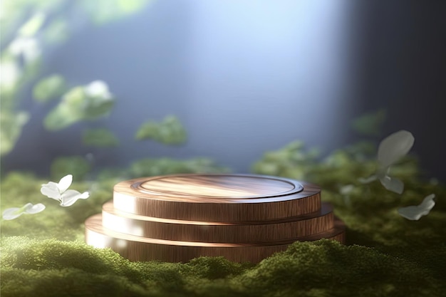 3D деревянный круглый подиум для продукта на фоне природы, сгенерированный AI