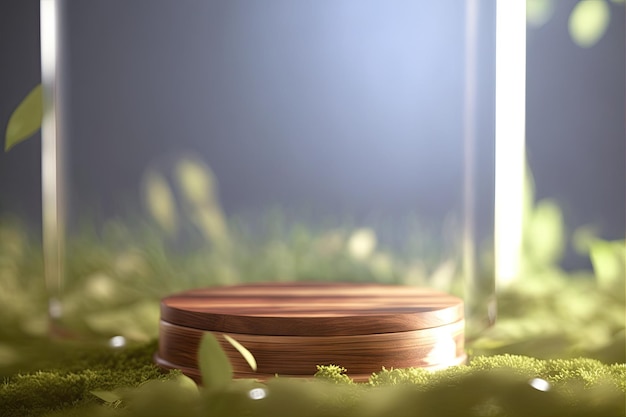 3D Wooden Round Podium For Product With Nature Background Generated AI