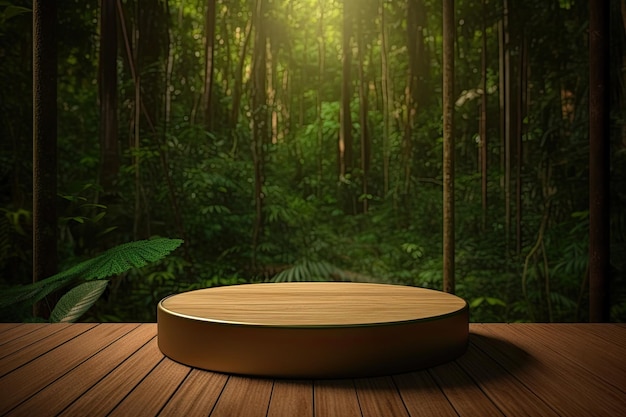 3D Wooden Round Podium Stage For Product With Nature Background Generated AI
