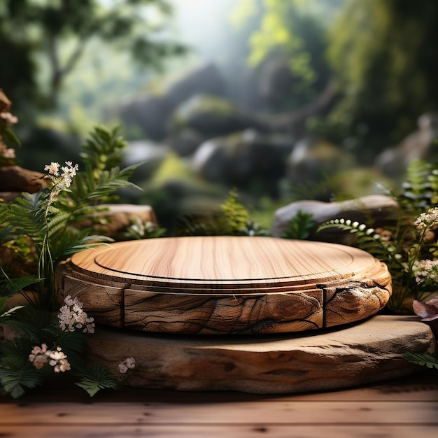 3d wooden round podium stage with nature background