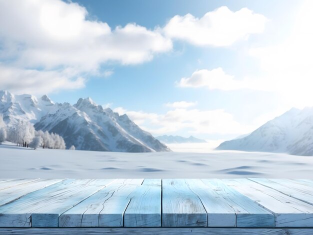 3d wooden table against a defocussed snowy landscape