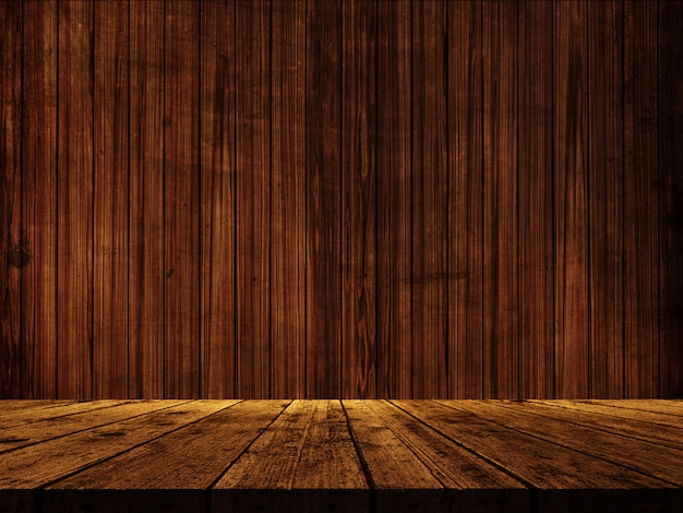 3D wooden table against a wood wall texture