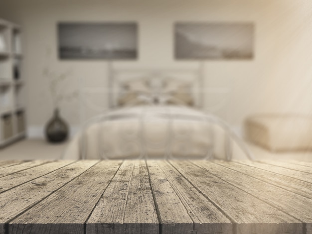 Foto tavola di legno 3d che guarda fuori ad un interno defocussed della camera da letto