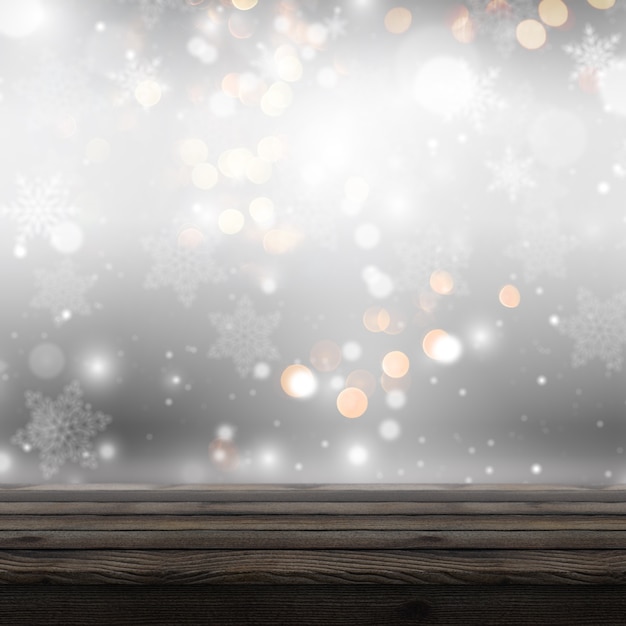 3D wooden table looking out to a defocussed Christmas background