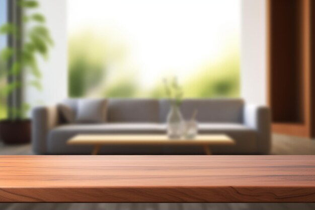 Photo 3d wooden table looking out defocussed modern lounge