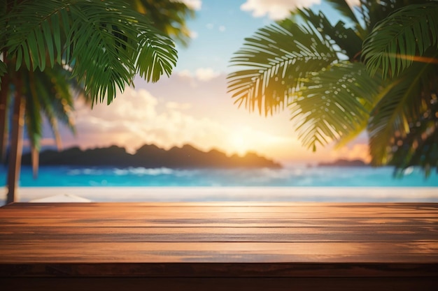 3d wooden table looking out to a tropical landscape with bokeh lights