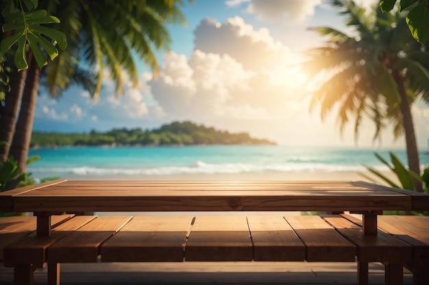 3d wooden table looking out to a tropical landscape with bokeh lights