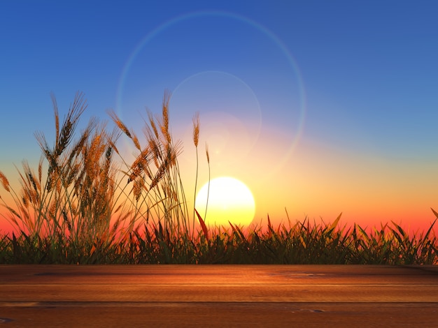 Foto tavola di legno 3d che guarda fuori al grano al tramonto