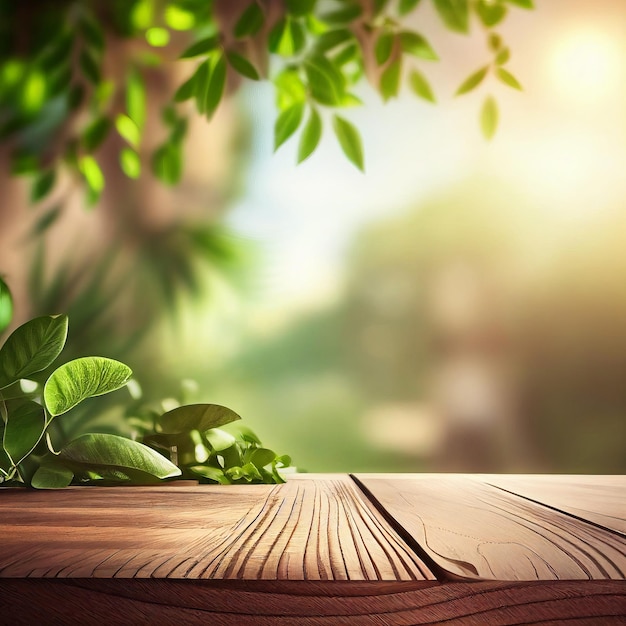 3D wooden table with blurred background from plant window Generative AI