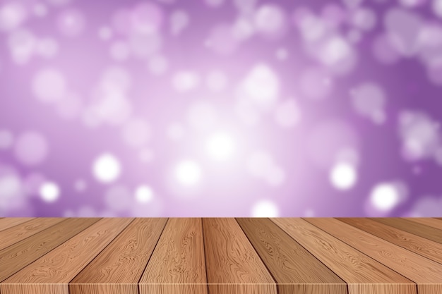 Tavolo in legno 3d con luci bokeh di sfondo natalizio Foto Premium