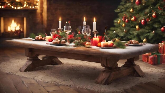 3d wooden table with christmas background