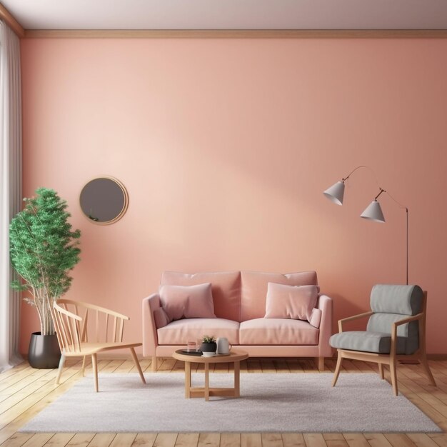 3D Woonkamer interieur muur mockup in warme tinten met lichtroze fauteuil generatieve ai