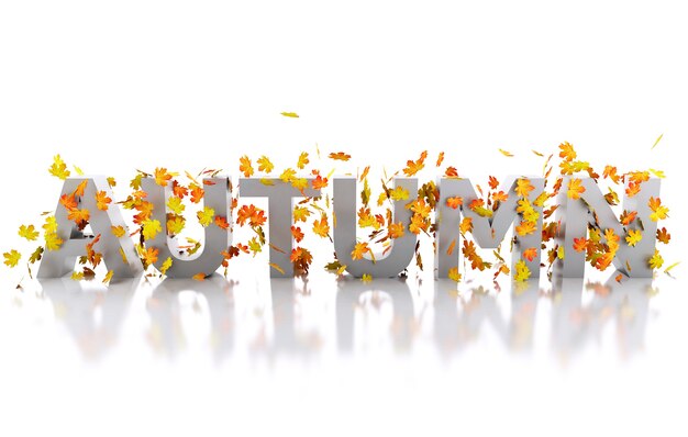 3d Word autumn decorated with leaves.