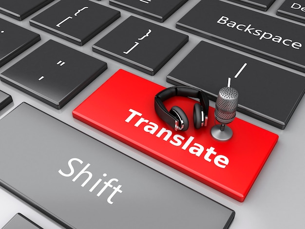 3d word translate with mic and headphones on computer keyboard.