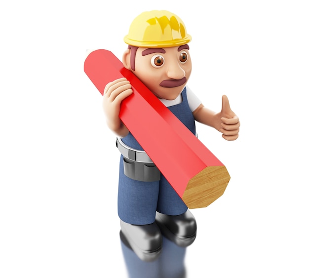 3d Worker with helemt and huge pencil