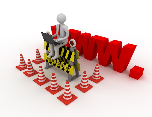 Photo 3d worker with laptop is sitting on an under construction sign. rendered illustration