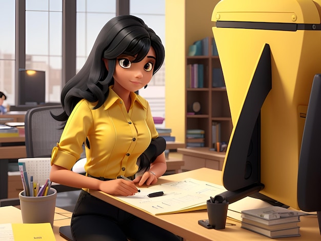 3d Workplace Scene with a Woman and a Coffee Mug