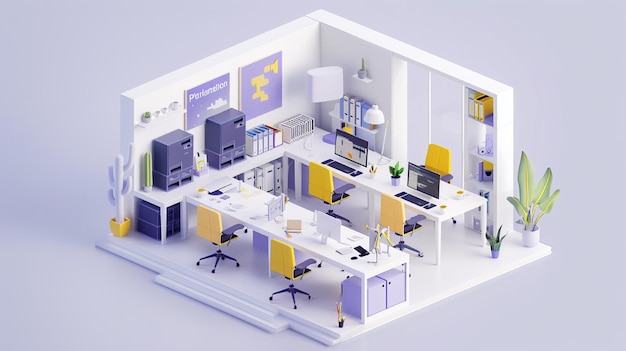 3d workspace office design with detailed isometric style