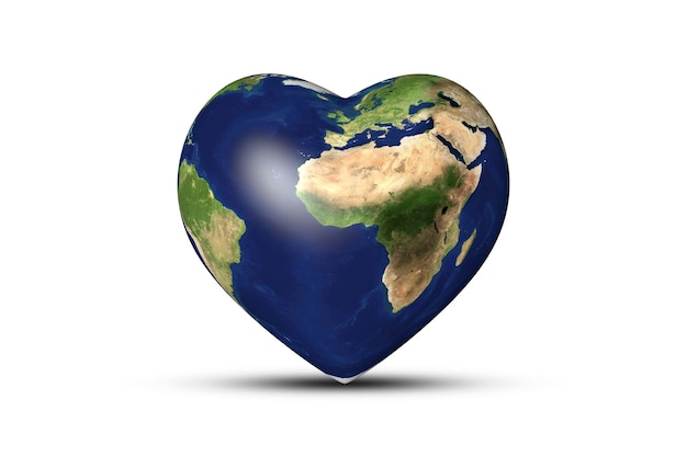 3D World Earth Day background Earth in the shape of a heart on a white background