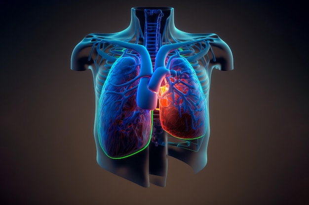 3D Xray-beeld van menselijke gezonde borst MRI Longziekte omvat longontsteking, astma, COPD, tuberculose, longkanker of luchtweginfectie Generatieve Ai