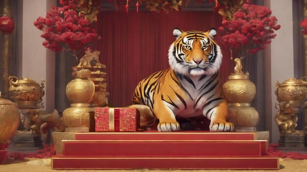 3d year of the tiger 3d rendering tiger and podium with lots of money and gifts behind