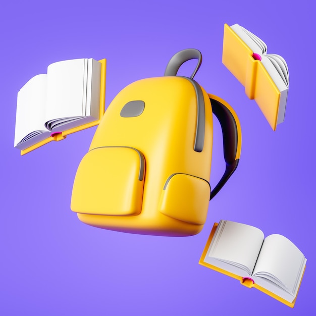 3d yellow backpack and books elearning online class back to school concept 3d render illustration