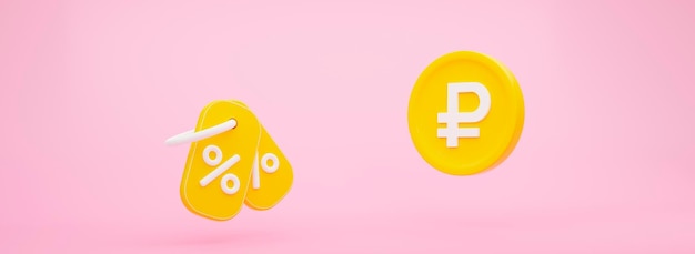 3d yellow coupon and Russian ruble on pink background. Promotion for your ads. 3d rendering