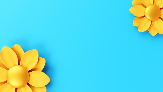 3d Yellow flowers on a blue background Festive background for mother's day or women's day