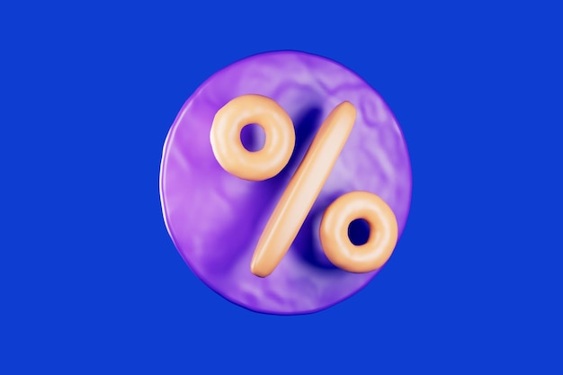 Photo 3d yellow icon of percent discount on purple round in plasticine style with blue background