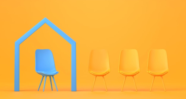 3d yellow office chairs and one blue with frame in shape of\
house concept property insurance work from home or social\
distancing interior of empty meeting room with real estate symbol\
3d render