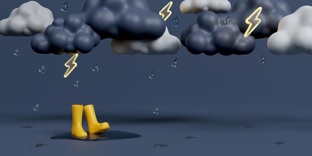 3d Yellow rubber boots under rain cloud on dark gray background 3d rendering illustration