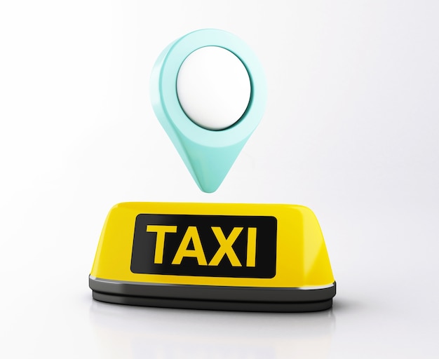 3d Желтый знак такси и указатель карты. Заявка на такси онлайн.