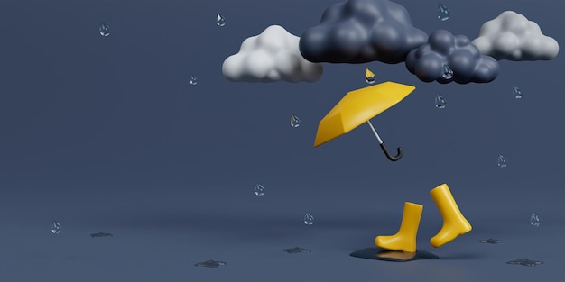 Photo 3d yellow umbrella and rubber boots under rain cloud on dark gray background 3d rendering illustration