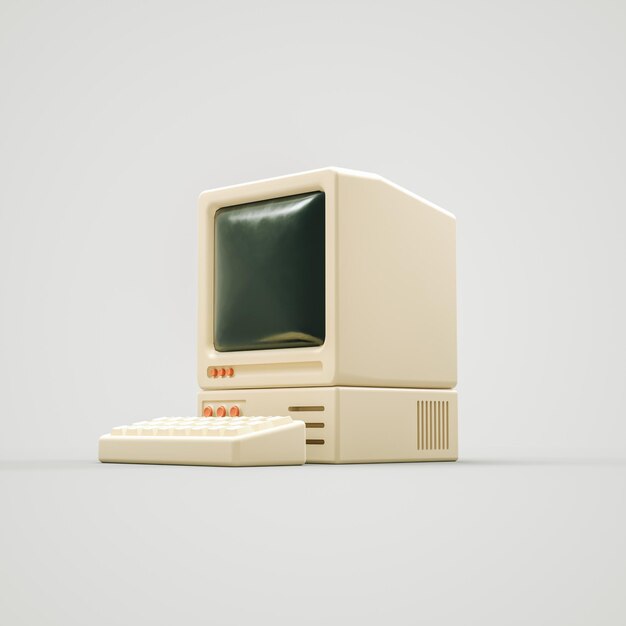 3D yellow vintage PC on white backgorund