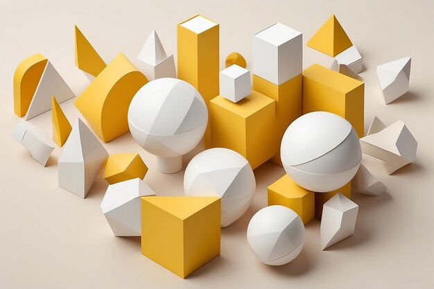 Photo 3d yellow and white abstract geometrical shaped figures placed on light beige background