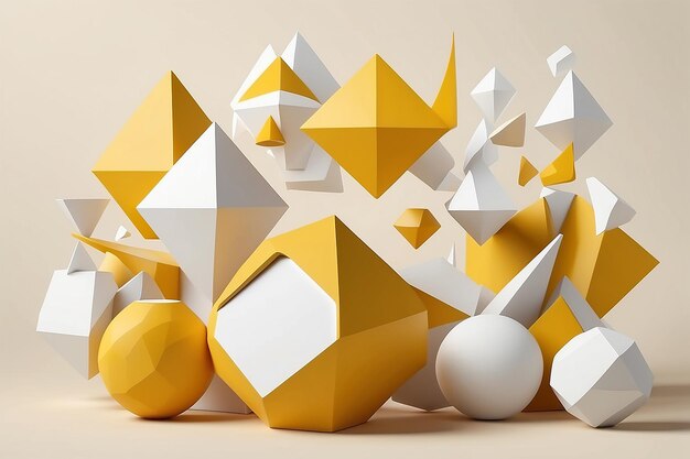 3d yellow and white abstract geometrical shaped figures placed on light beige background